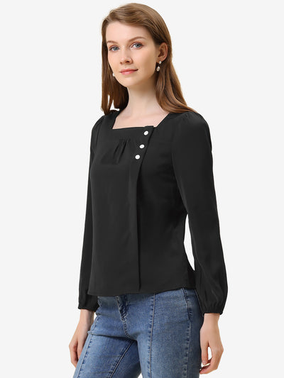 Long Sleeve Casual Solid Square Neck Top