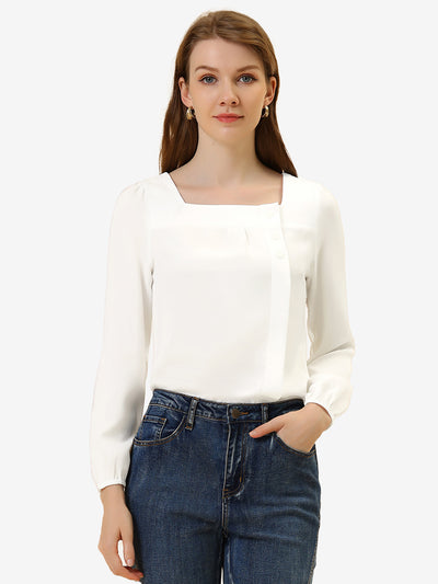 Long Sleeve Casual Solid Square Neck Top