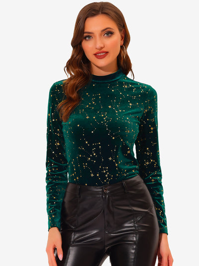 Velvet Blouse Stand Collar Long Sleeve Stars Tops