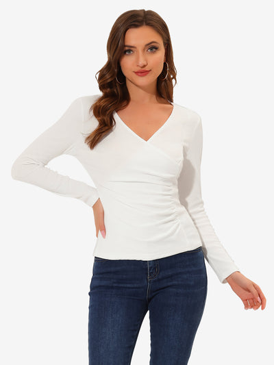 Long Sleeve Blouse Slim Fit Ruched Wrap Tops