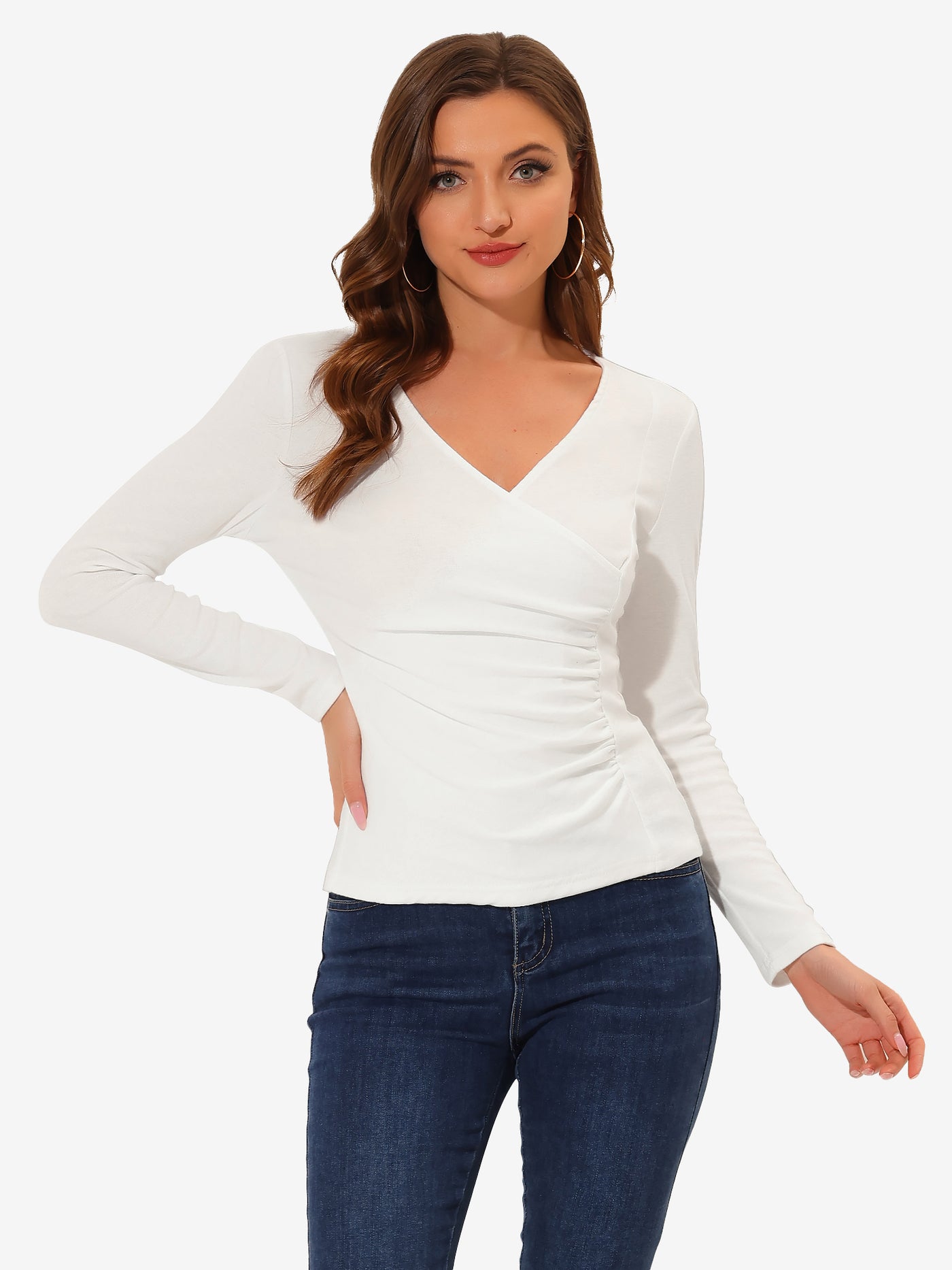 Allegra K Long Sleeve Blouse Slim Fit Ruched Wrap Tops