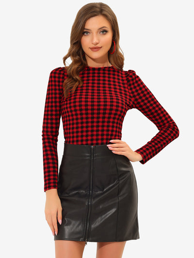 Stretchy Slim Plaid Round Neck Long Sleeve T Shirt Basic Blouse