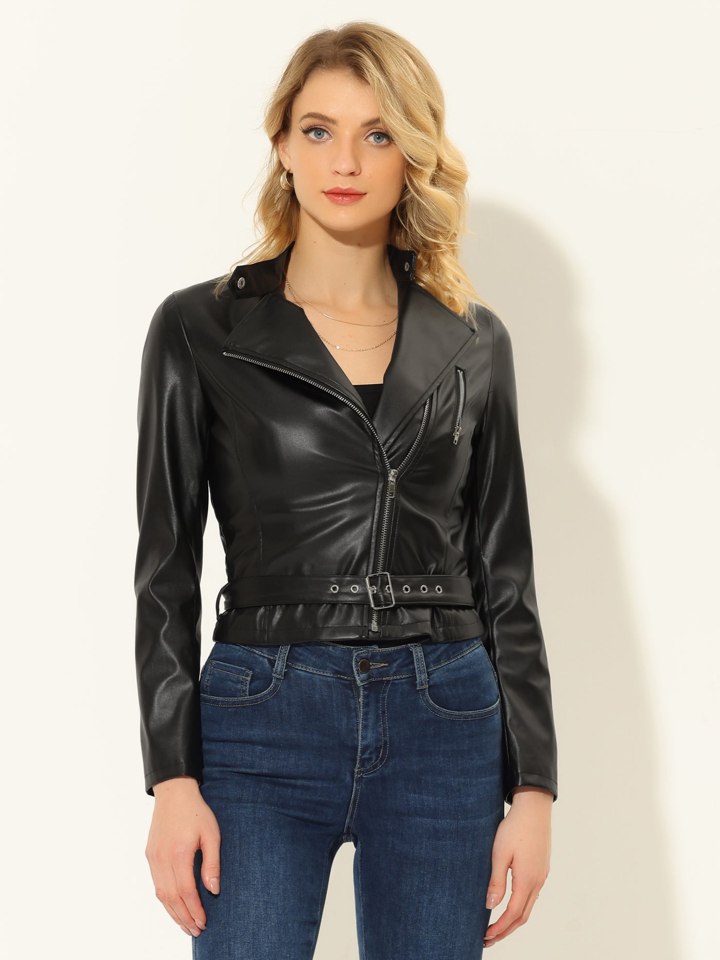 Allegra K PU Crop Zip Up Belted Motorcycle Faux Leather Jacket