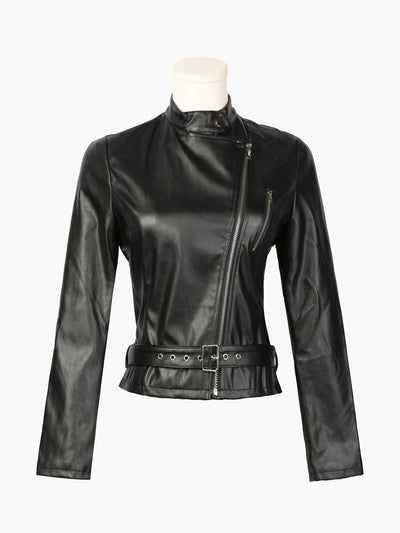 PU Crop Zip Up Belted Motorcycle Faux Leather Jacket