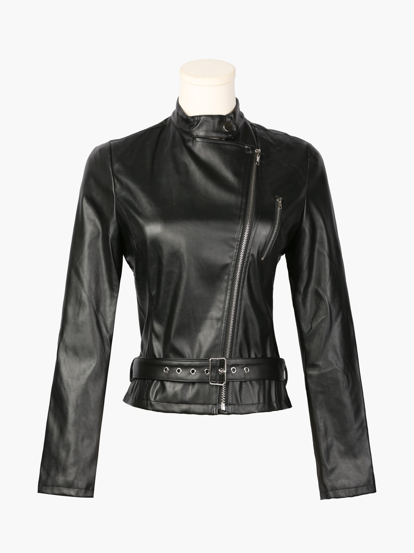 Allegra K PU Crop Zip Up Belted Motorcycle Faux Leather Jacket