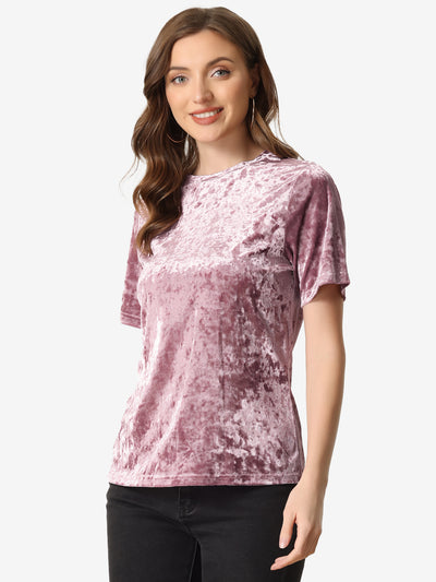 Allegra K Casual Velvet Top Solid Round Neck Short Sleeve T-Shirt