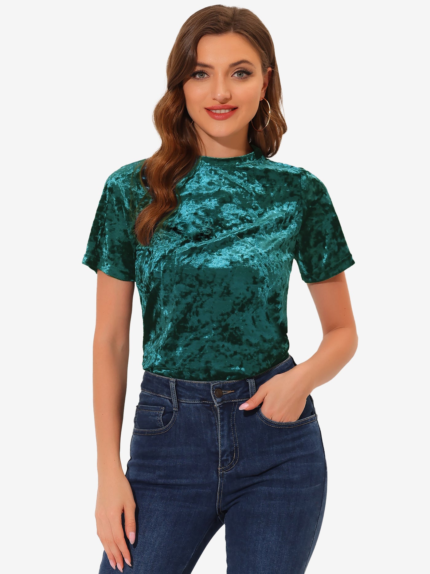 Allegra K Casual Velvet Top Solid Round Neck Short Sleeve T-Shirt