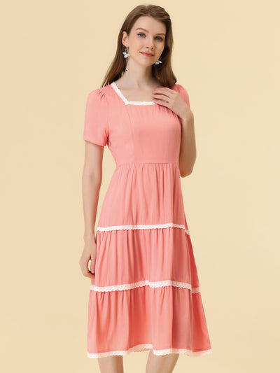 Elegant Midi Short Sleeve Tiered Square Neck Long Dress