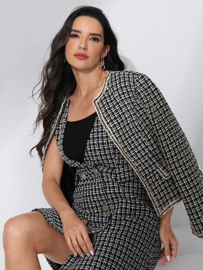 Plaid Tweed Long Sleeve Open Front Work Office Cropped Jacket Blazer