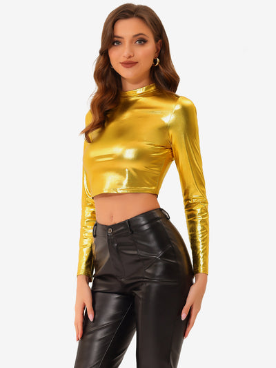Allegra K Metallic Long Sleeve Shiny Disco Party Slim Fitted Crop Blouse