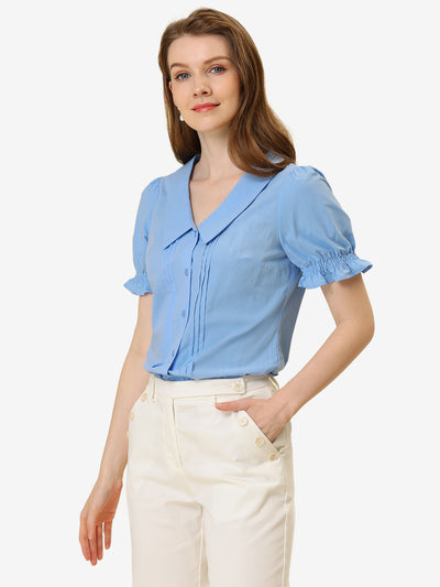 Button Down Shirt Pleated Short Sleeve V Neck Top