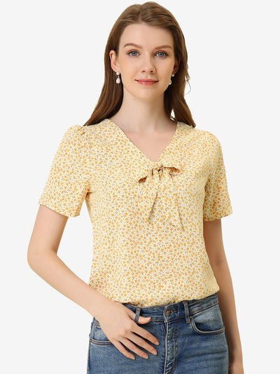 Bow Tie V Neck Short Sleeve Straight Loose Breathable Printed Blouse