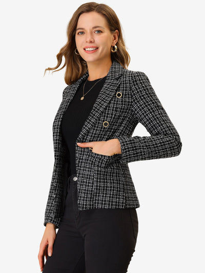 Tweed Plaid Long Sleeves Notched Lapel Open Front Blazer Jacket