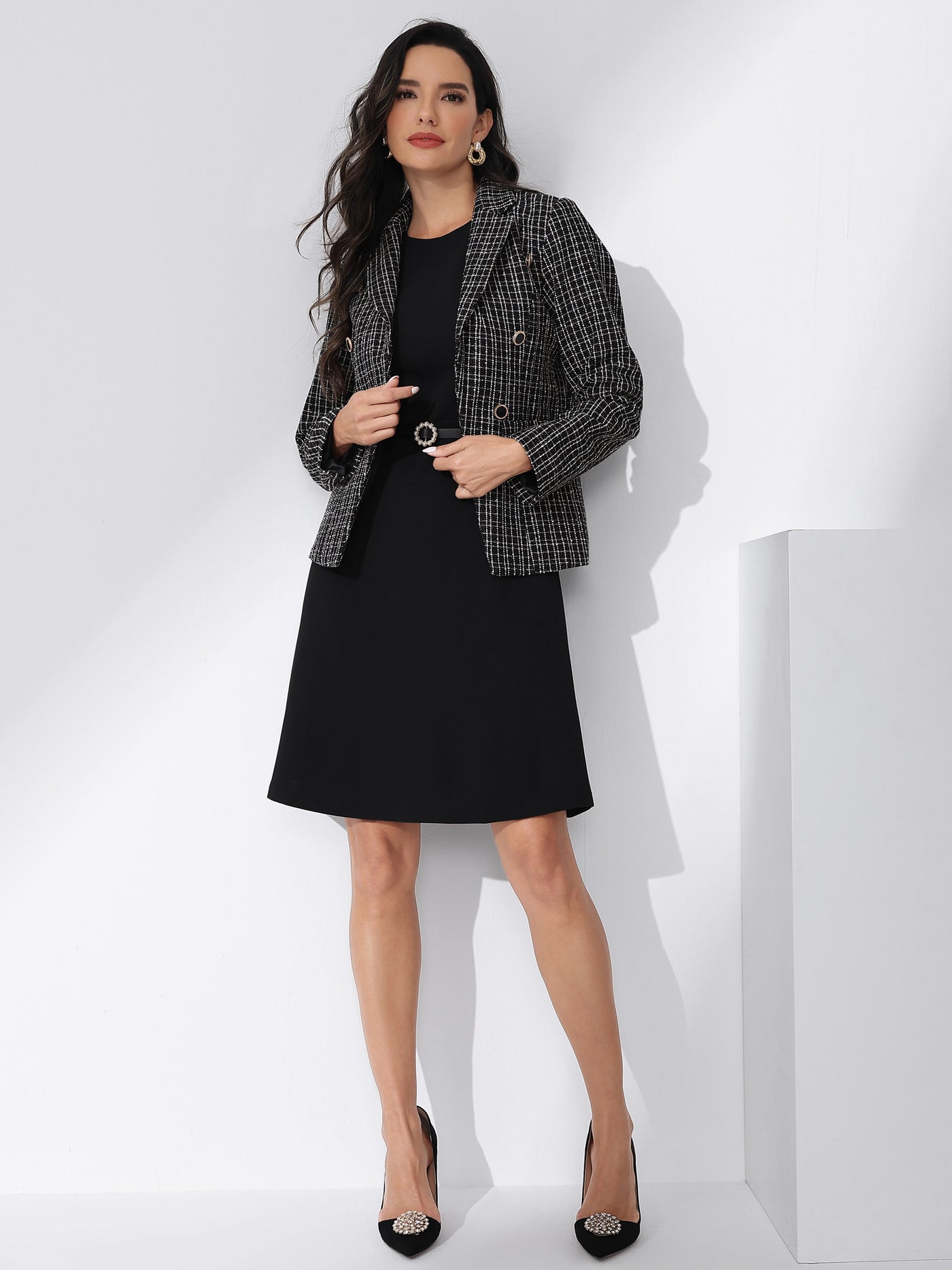 Allegra K Tweed Plaid Long Sleeves Notched Lapel Open Front Blazer Jacket