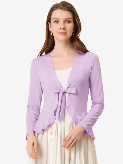 Women's Tie Front Ruffled Long Sleeve Open Cardigan