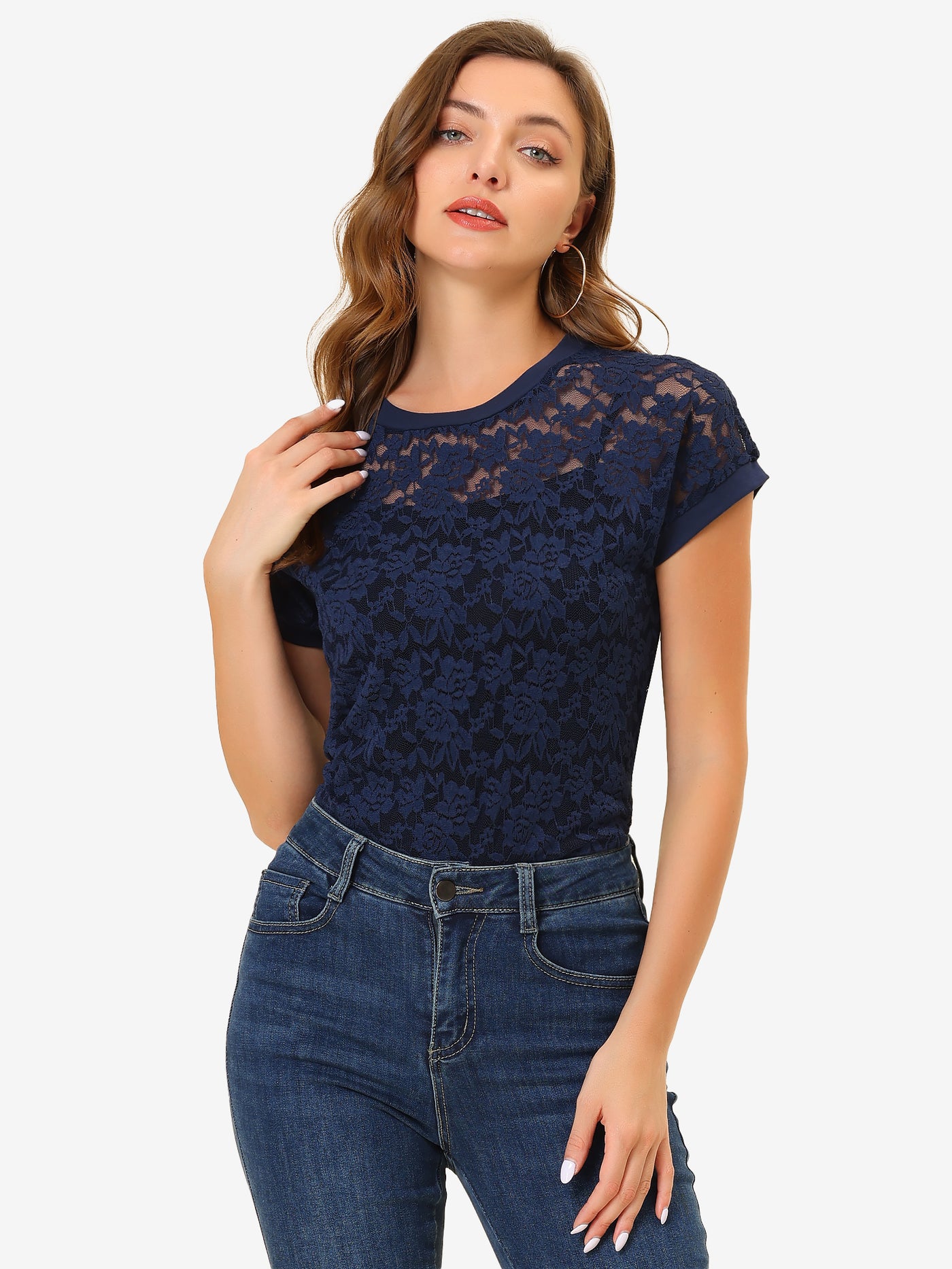 Allegra K Lace Floral Curved Hem Short Sleeve See Through Blouse