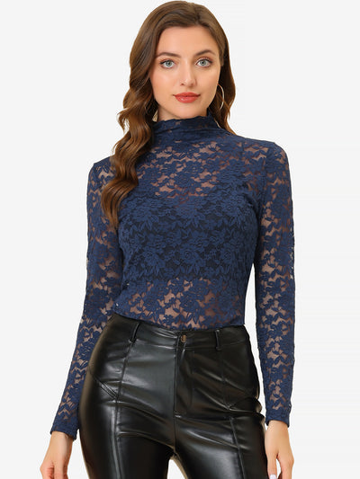 See Through Long Sleeve Turtleneck Sheer Floral Lace Blouse