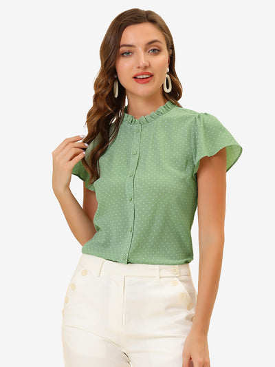 Ruffle Summer Dots Print Retro Short Sleeve Button Blouse