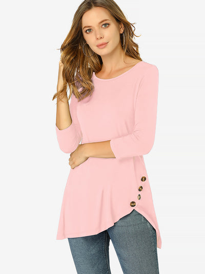 3/4 Sleeve Round Neck Button Decor Casual Stretchy Tunic Tops