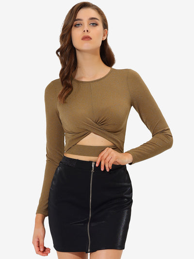 Glitter Twist Long Sleeve Cut Out Slim Fitted Sparkle Crop Tops