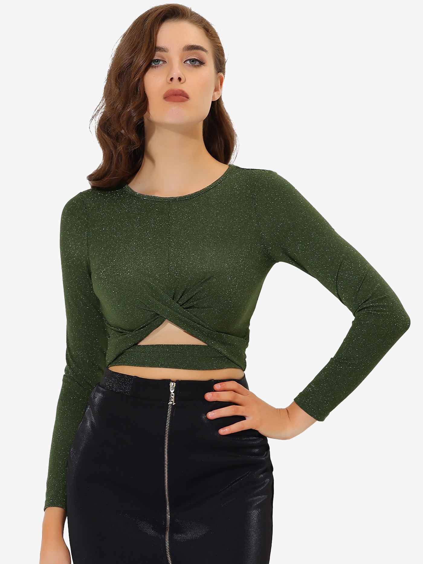 Allegra K Glitter Twist Long Sleeve Cut Out Slim Fitted Sparkle Crop Tops