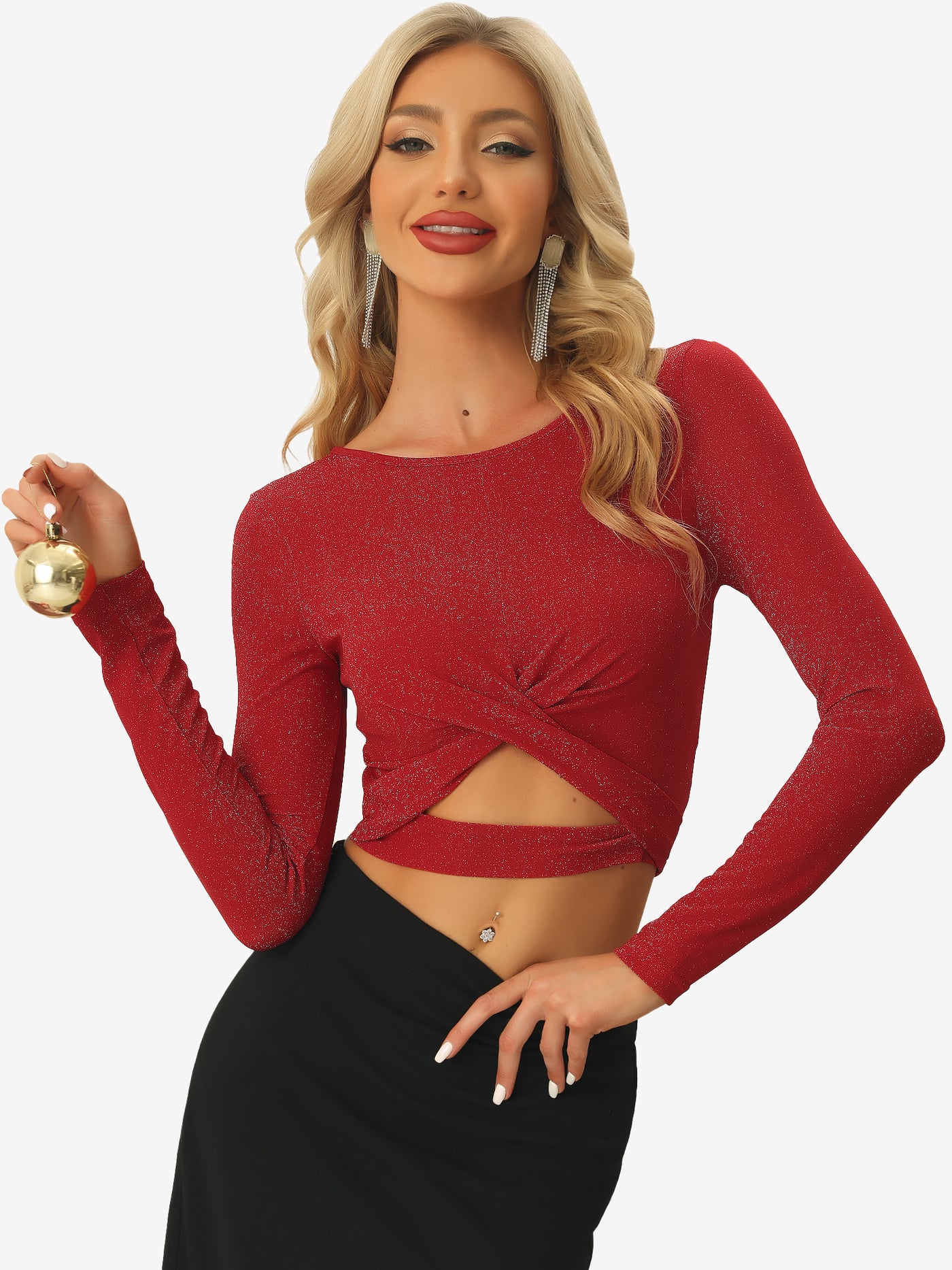 Allegra K Glitter Twist Long Sleeve Cut Out Slim Fitted Sparkle Crop Tops