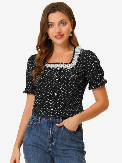 Square Neck Ruffle Short Sleeve Love Heart Printed Blouse