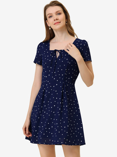 Printed Casual Square Neck Short Sleeve Fit and Flare Dress