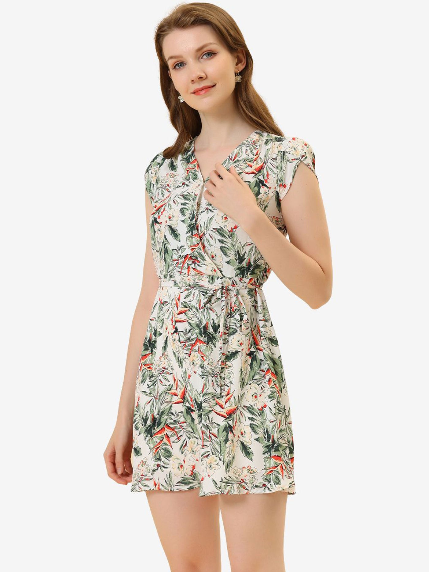 Allegra K Boho Crossover V Neck Petal Sleeve Belted Floral Flowy Dress