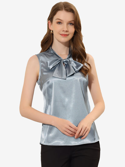 Elegant Sleeveless Tank Top Tie Neck Solid Satin Office Work Blouse