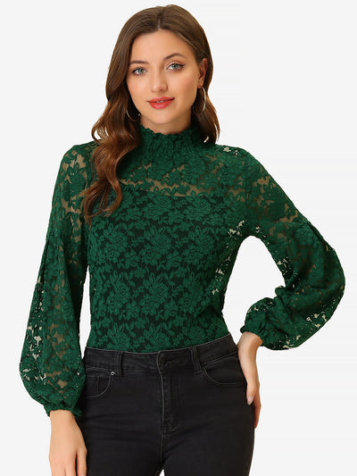 Floral Lace Top Turtleneck Puff Long Sleeve See Through Sheer Blouse