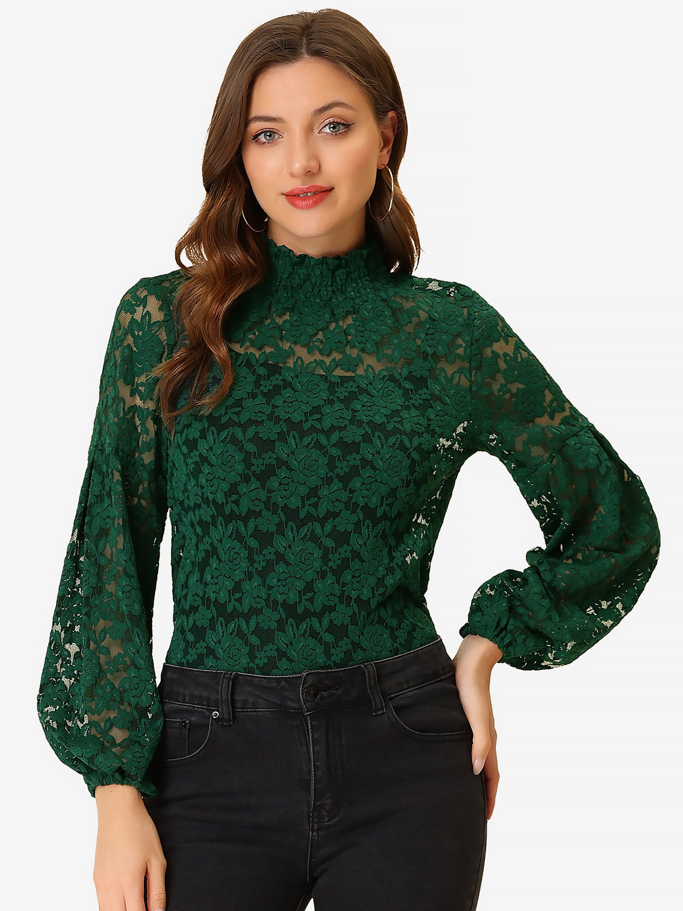 Allegra K Floral Lace Top Turtleneck Puff Long Sleeve See Through Sheer Blouse