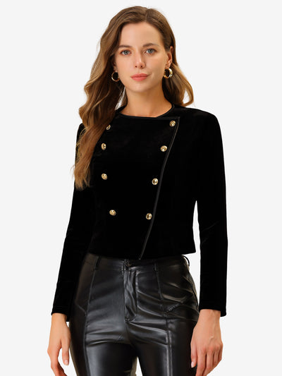 Allegra K Velvet Notched Lapel Double Breasted Cropped Jacket