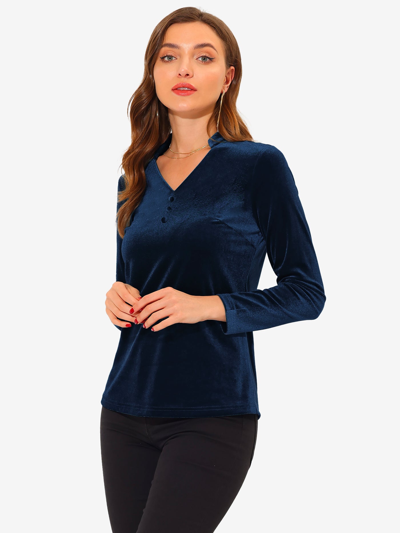 Allegra K Casual Velvet Top Office Soft Long Sleeve V Neck T-Shirt