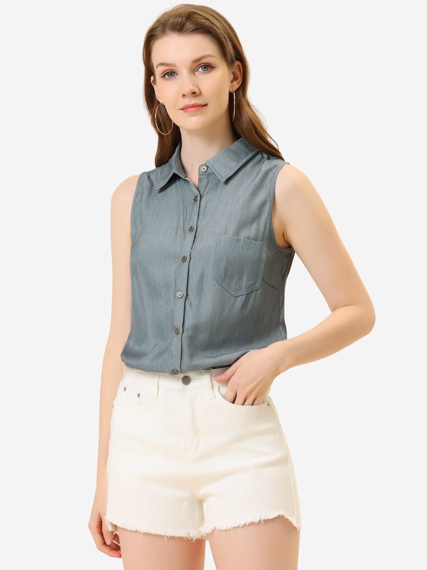 Allegra K Denim Collar Button Down Casual Office Sleeveless Shirt