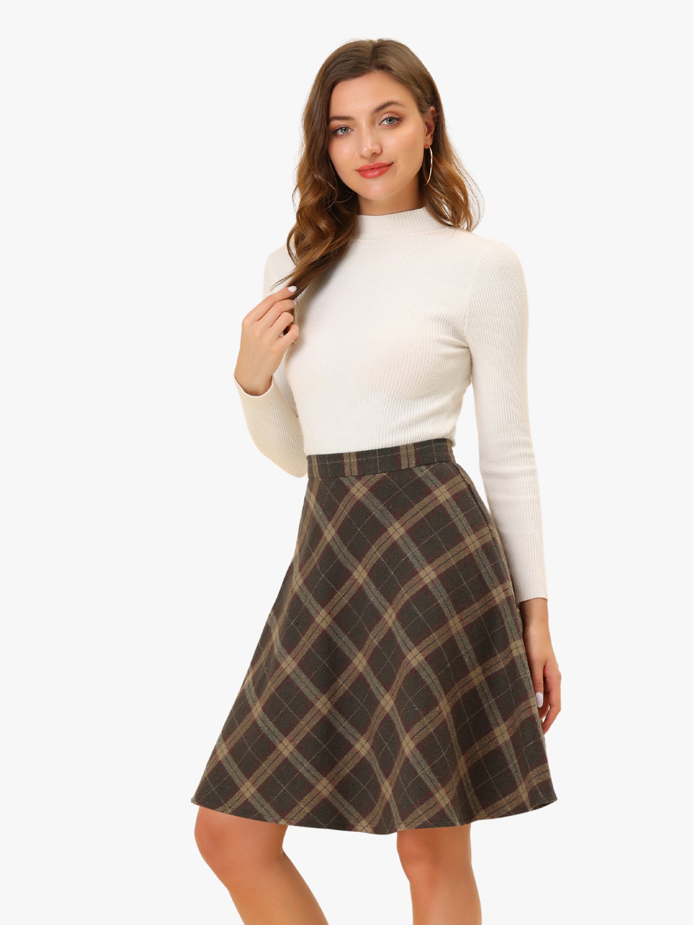 Allegra K Vintage Plaid Tartan Elastic Waist Knee Length A-Line Skirt