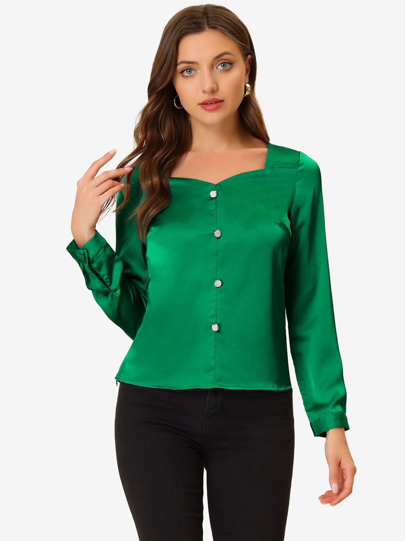 Allegra K Elegant Sweetheart Neck Button Decor Long Sleeve Satin Blouse