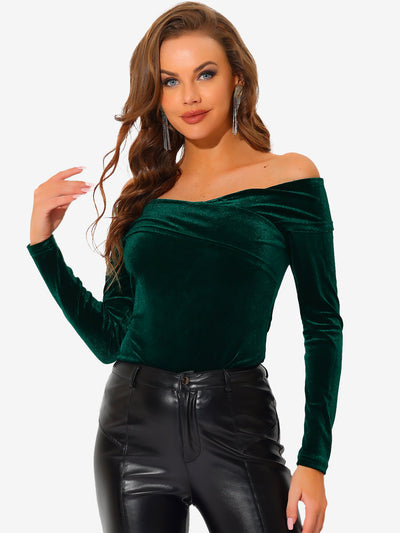 Velvet Top Slim Fit Long Sleeve Off Shoulder Blouse