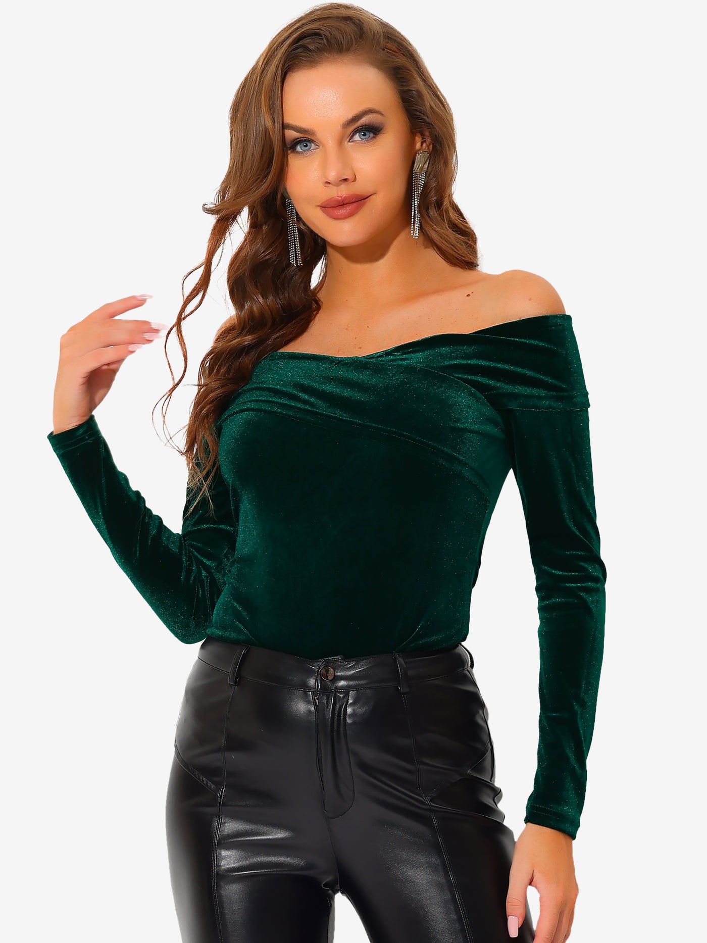 Allegra K Velvet Top Slim Fit Long Sleeve Off Shoulder Blouse