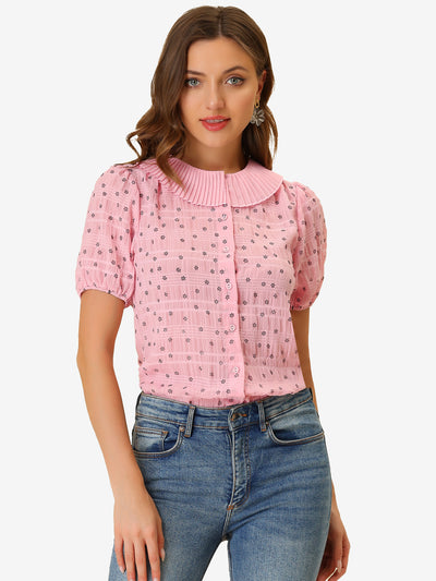 Button Down Short Sleeve Shirt Pleated Collar Floral Blouse