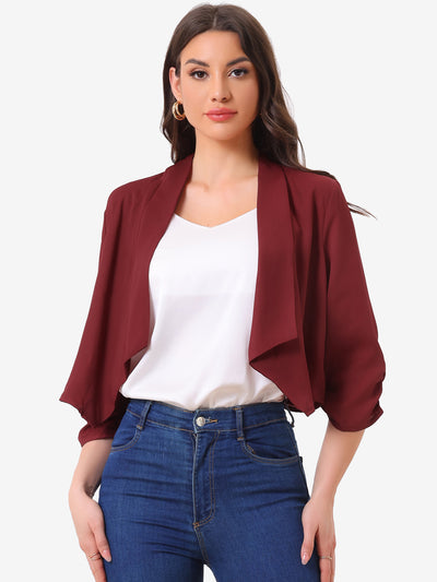 3/4 Ruched Sleeve Shawl Open Front Chiffon Bolero Shrug Blazer