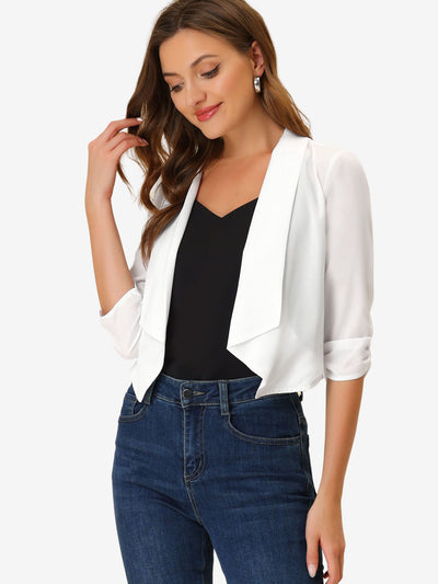 3/4 Ruched Sleeve Shawl Open Front Chiffon Bolero Shrug Blazer