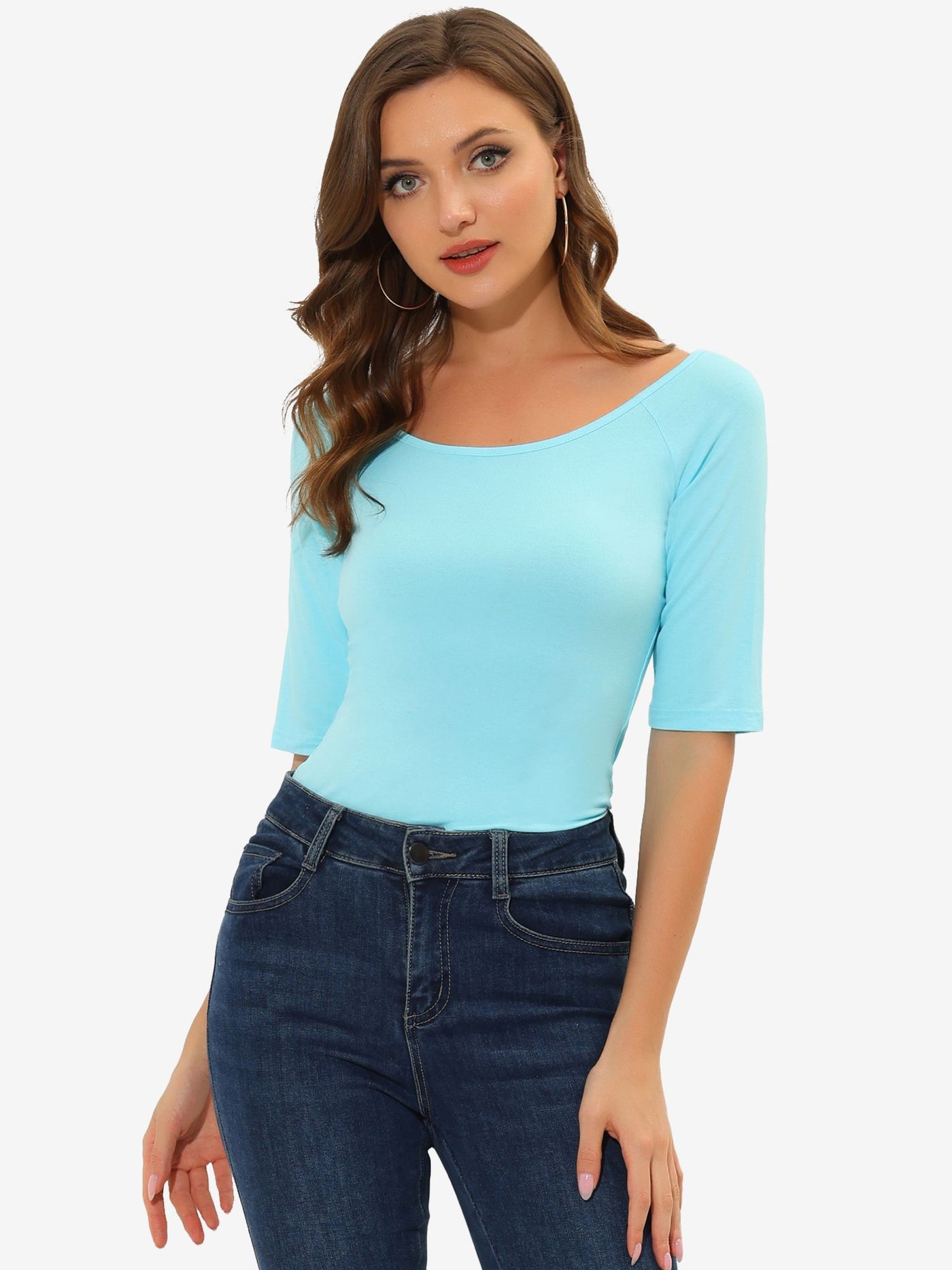 Allegra K Scoop Neck Half Sleeves Fitted Layering Soft T-Shirt