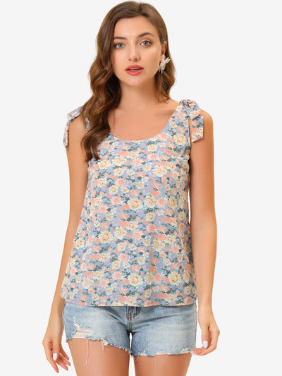 Boho Floral Print Casual Chiffon Tie Shoulders Tank Top