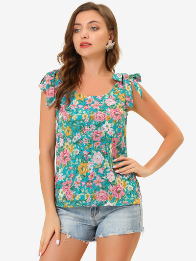 Boho Floral Print Casual Chiffon Tie Shoulders Tank Top