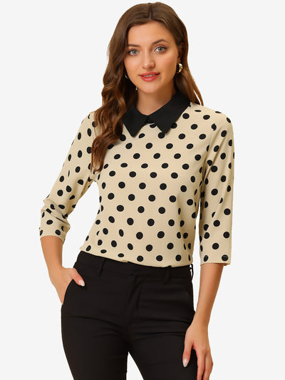 Polka Dots Contrast Peter Pan Collar Top 3/4 Sleeve Blouse Shirt