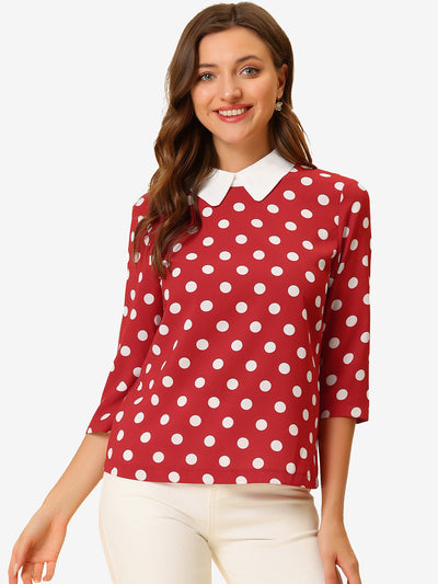 Polka Dots Contrast Peter Pan Collar Top 3/4 Sleeve Blouse Shirt