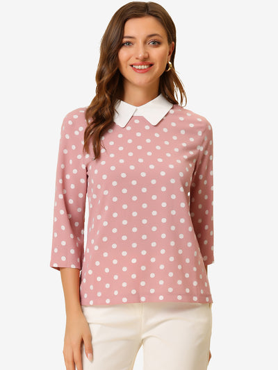 Polka Dots Contrast Peter Pan Collar Top 3/4 Sleeve Blouse Shirt