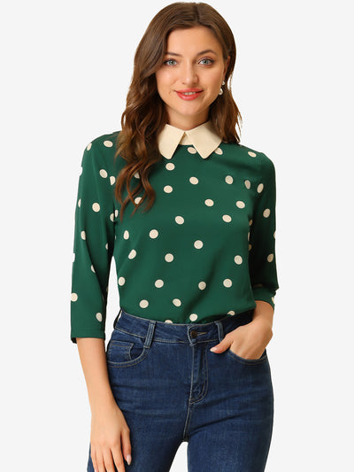 Polka Dots Contrast Peter Pan Collar Top 3/4 Sleeve Blouse Shirt