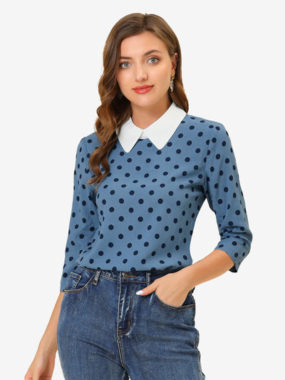 Polka Dots Contrast Peter Pan Collar Top 3/4 Sleeve Blouse Shirt